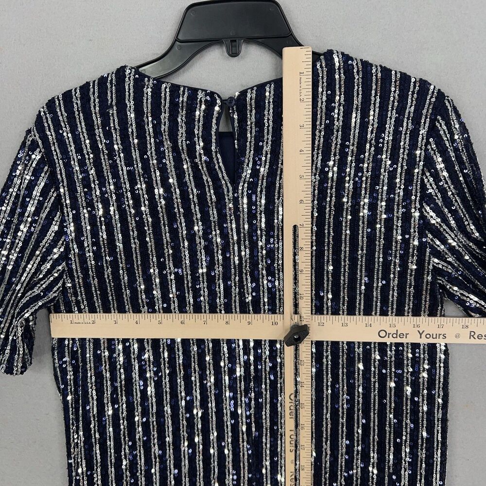 Anthropologie Flat White Dress Women Small Navy Blue Silver Sequin Striped Party - Picture 16 of 16